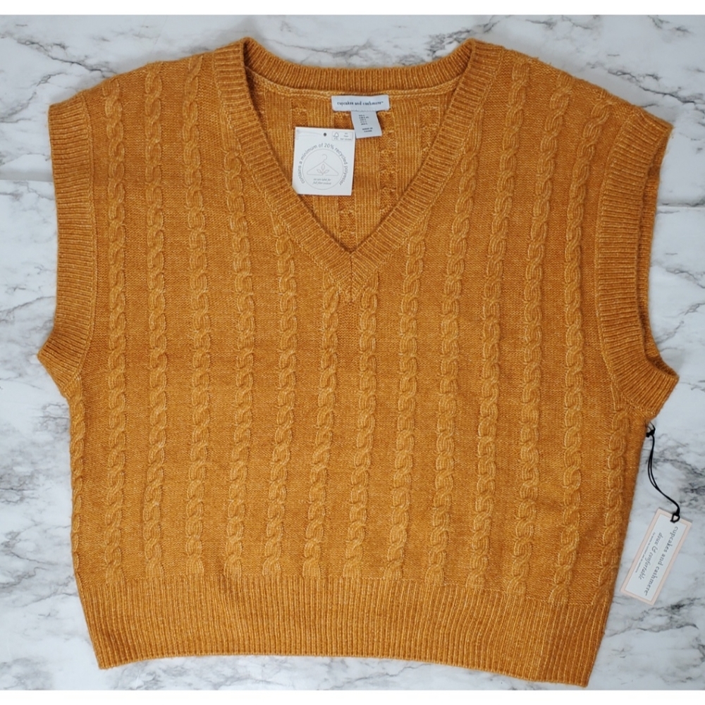 cupcakes & cashmere Mustard Cable Knit V-Neck Sweater Vest